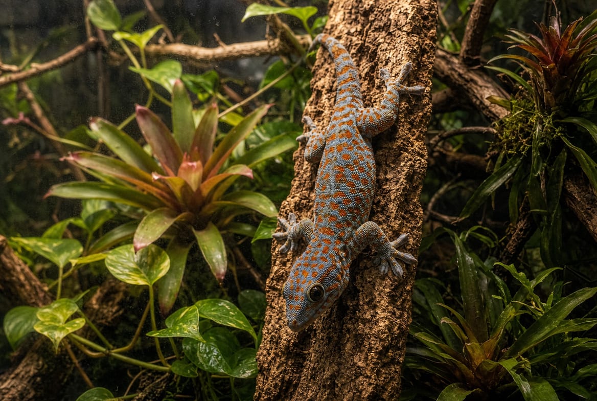 A tokay gecko gripping a vertical cork slab in a tall planted terrarium