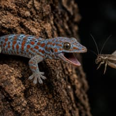 A blue and orange spotted tokay gecko on a cork bark wall at night, mid-lunge at a cricket