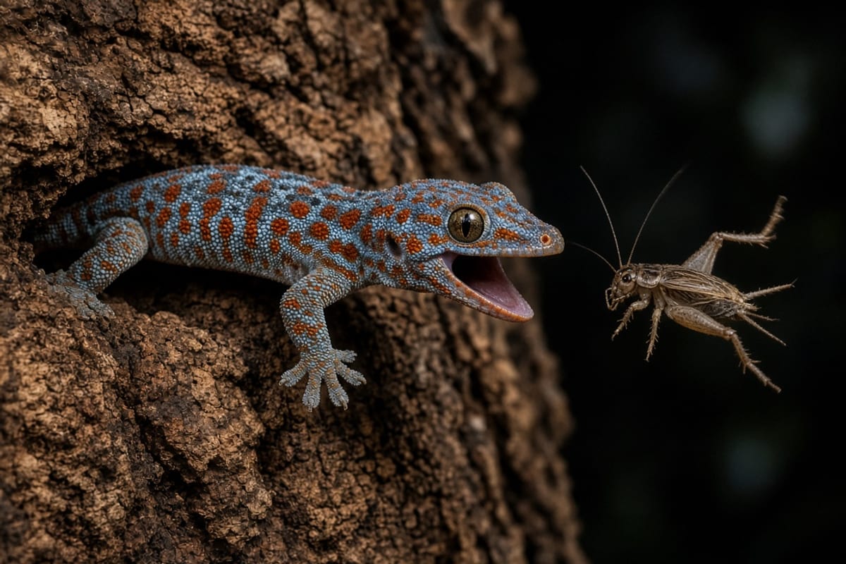 A blue and orange spotted tokay gecko on a cork bark wall at night, mid-lunge at a cricket