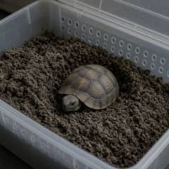 A Russian tortoise partly buried in moist substrate inside a ventilated plastic hibernation container, with a probe thermometer resting on the lid