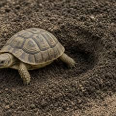 Side-by-side comparison of a male and female tortoise plastron shape next to a tortoise digging a nest hole in deep substrate