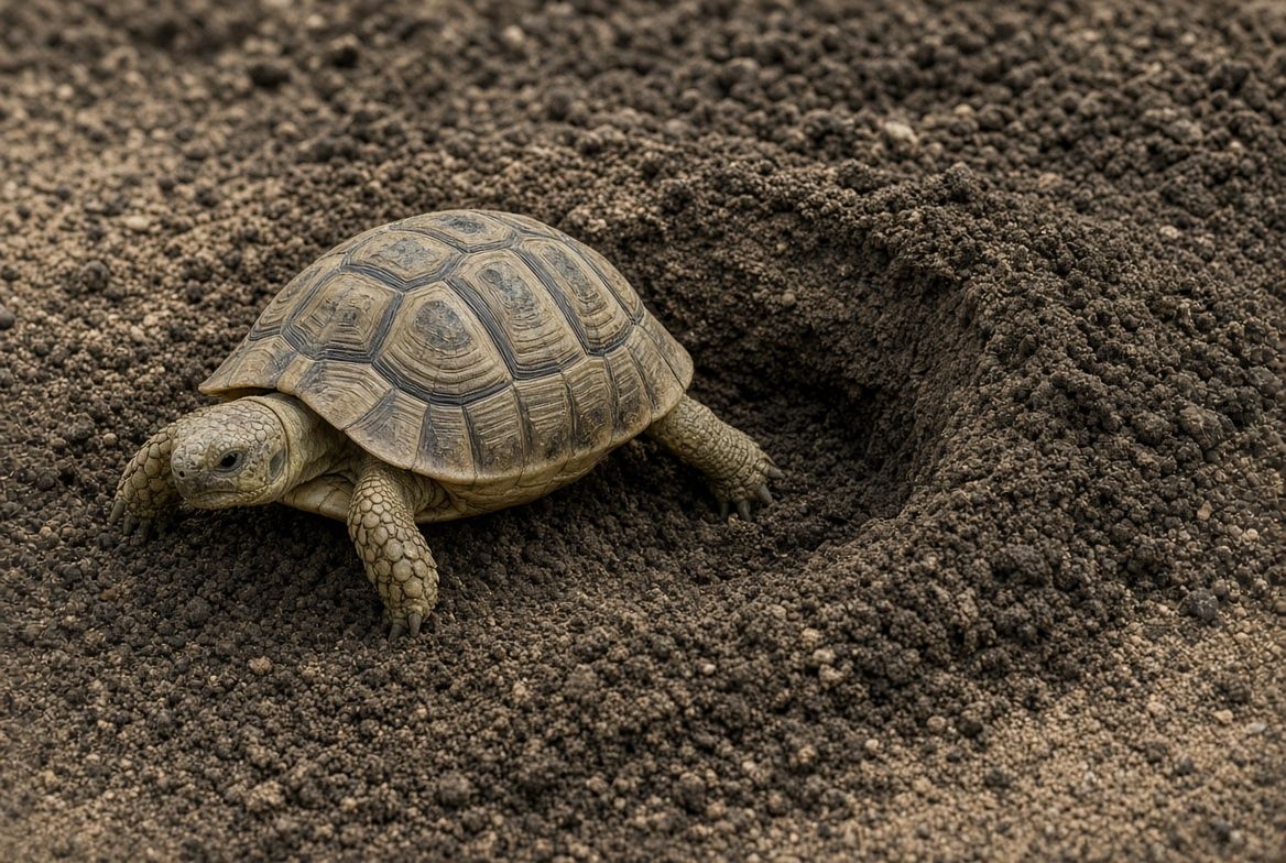 Side-by-side comparison of a male and female tortoise plastron shape next to a tortoise digging a nest hole in deep substrate