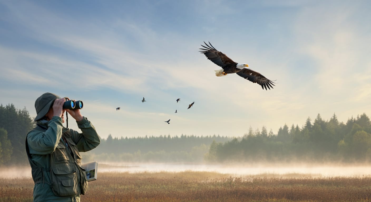 A birdwatcher using binoculars in a scenic outdoor wetland setting with a bald eagle soaring in the background