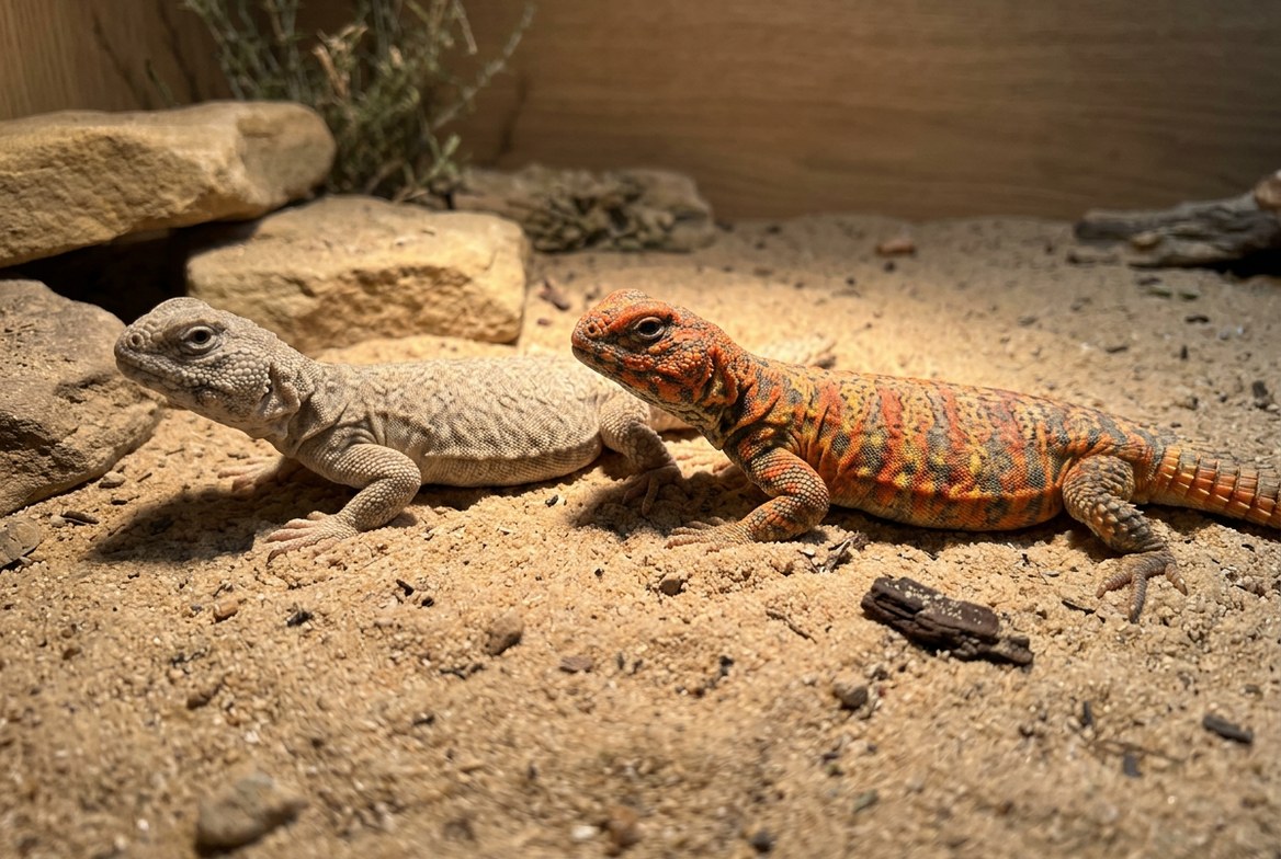 Colorful uromastyx basking in a large enclosure, illustrating the setup this species' cost of ownership requires