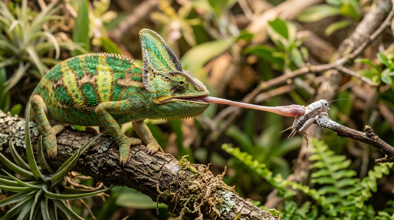 A veiled chameleon catching a calcium-dusted cricket with its tongue