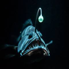 A female deep sea anglerfish in darkness, lit only by the glowing bioluminescent lure suspended above her jaw