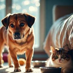 "Anxious pets showing signs of stress: a dog pacing near a window and a cat hiding under furniture, illustrating common pet anxiety behaviors for the article on understanding and helping worried pets."