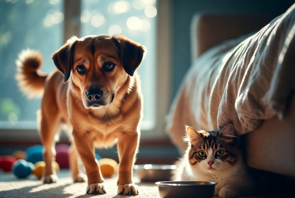 "Anxious pets showing signs of stress: a dog pacing near a window and a cat hiding under furniture, illustrating common pet anxiety behaviors for the article on understanding and helping worried pets."
