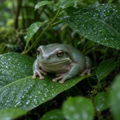 A White's tree frog sitting on a broad leaf partway up a densely planted terrarium