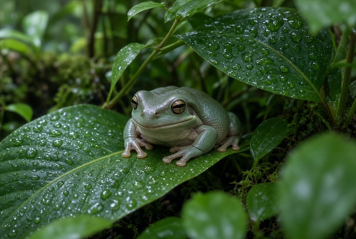 A White's tree frog sitting on a broad leaf partway up a densely planted terrarium