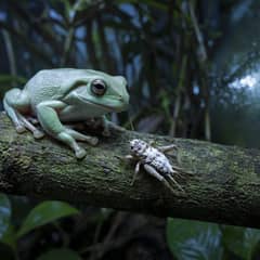 A White's tree frog on a branch at night facing a dusted cricket