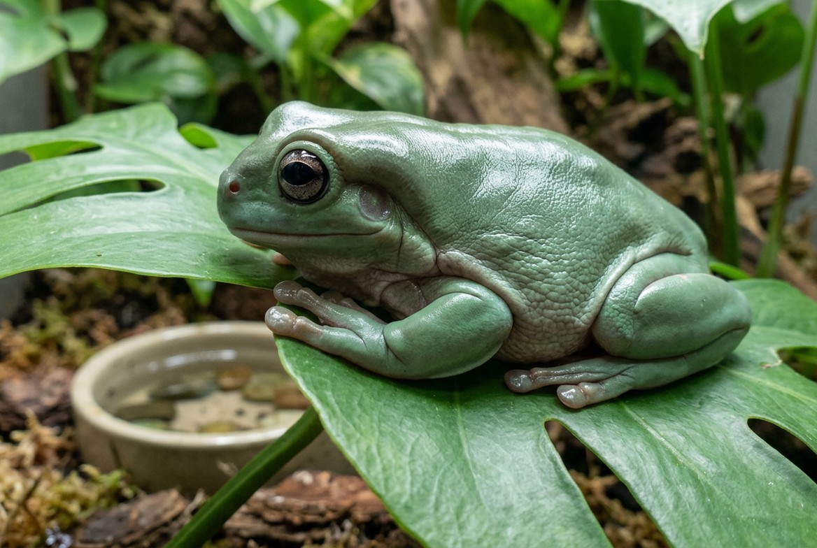 White's tree frog with visible fat deposits being examined for signs of obesity