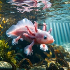 Beautiful pink axolotl with vibrant feathery gills swimming in a sunlit natural underwater habitat filled with plants and rocks.