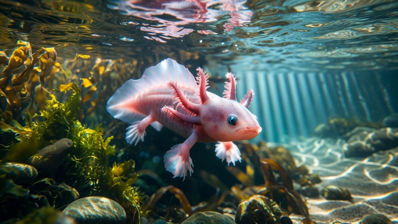 Beautiful pink axolotl with vibrant feathery gills swimming in a sunlit natural underwater habitat filled with plants and rocks.