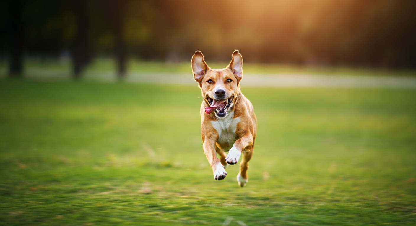 A happy dog running through a sunny park, full of energy and joy