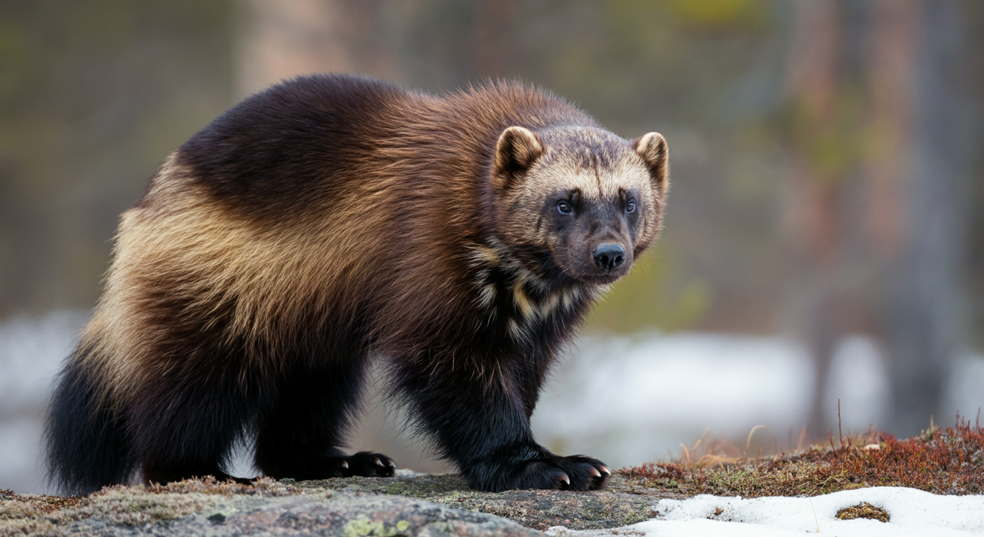 A wolverine (Gulo gulo) in the wild, showing its thick dark fur, golden side stripes, and powerful muscular build on rocky terrain