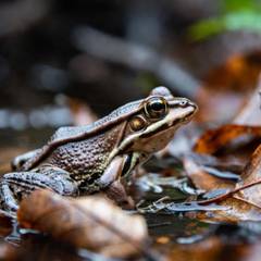 A brown wood frog with a dark eye mask sitting on wet leaf litter at the edge of a woodland pool