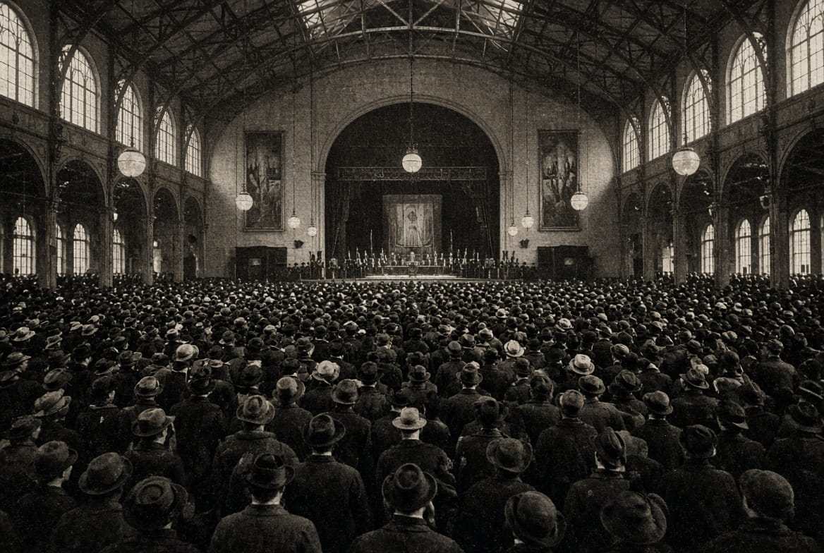 A crowded early twentieth century public hall with rows of seated attendees at a large assembly