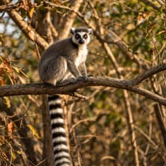 A ring-tailed lemur sitting upright on a tree branch in dry Madagascar forest, its black and white banded tail hanging below it