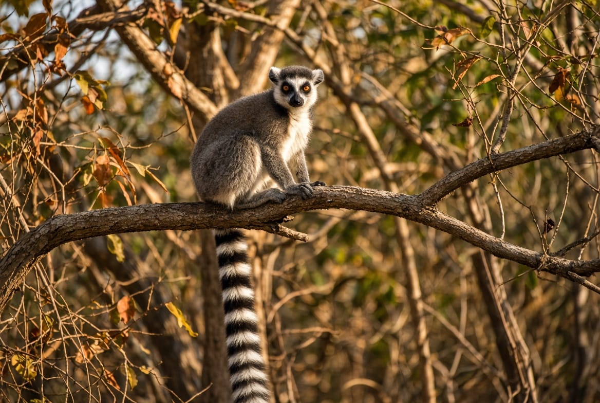 A ring-tailed lemur sitting upright on a tree branch in dry Madagascar forest, its black and white banded tail hanging below it