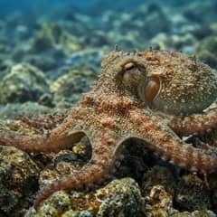 A common octopus on a rocky seabed with its arms spread across the stones, one horizontal pupil visible and its skin mottled and pimpled to match the rock
