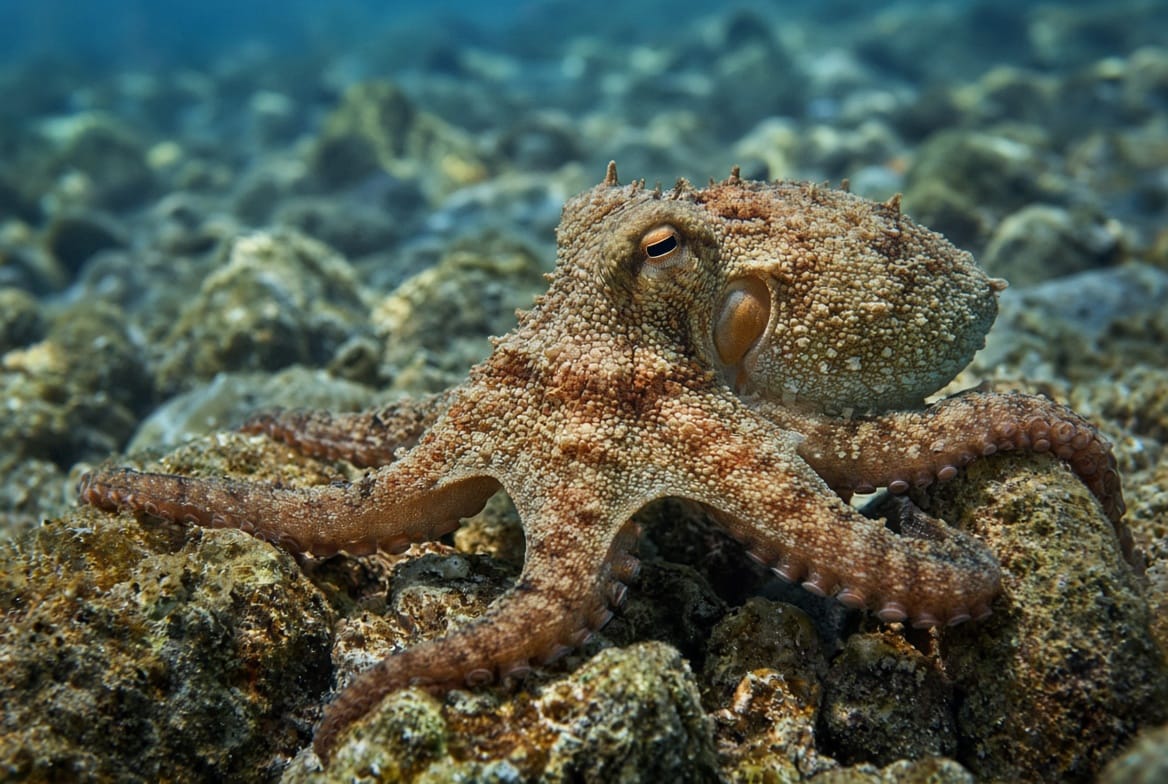 A common octopus on a rocky seabed with its arms spread across the stones, one horizontal pupil visible and its skin mottled and pimpled to match the rock
