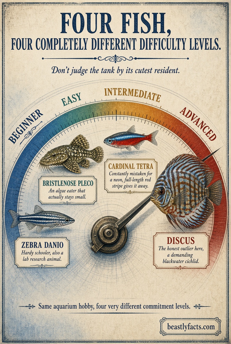 Portrait infographic comparing a zebra danio, bristlenose pleco, discus, and cardinal tetra, showing the tank role and experience level for each