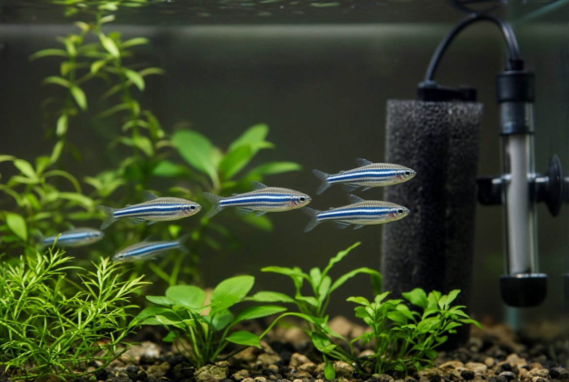 A school of zebra danios swimming together in a freshwater aquarium