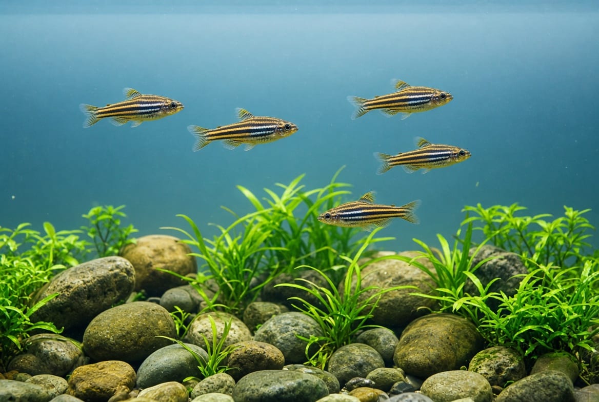 A group of zebra danios moving fast along the length of a planted aquarium