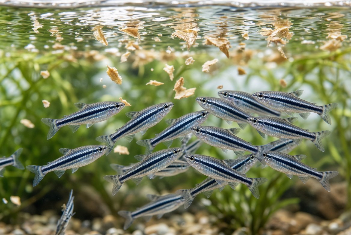 A school of zebra danios feeding near the surface of a planted aquarium