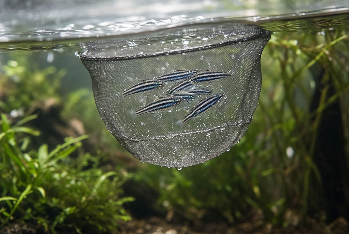 A fast-moving school of zebra danios swimming together in an aquarium