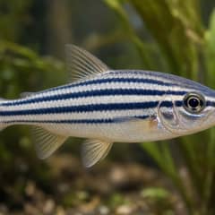Close-up of a healthy zebra danio swimming in a well-maintained planted aquarium