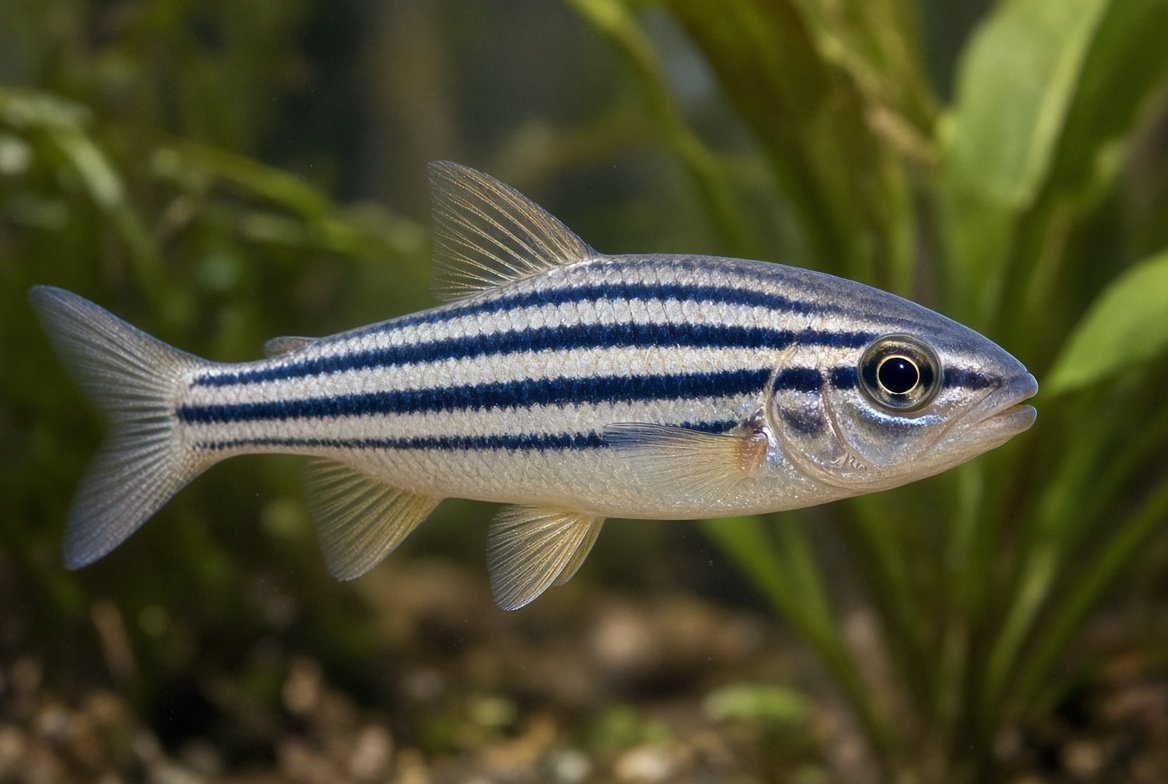 Close-up of a healthy zebra danio swimming in a well-maintained planted aquarium