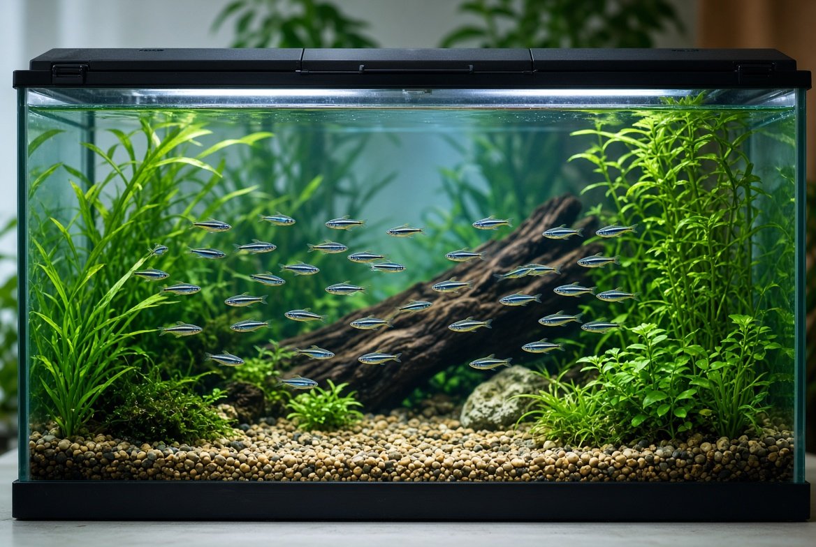 A planted zebra danio aquarium with open swimming space and a secure lid