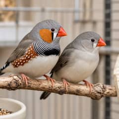 A pair of zebra finches perched together in a wide flight cage, the male's orange cheek patch and barred throat visible