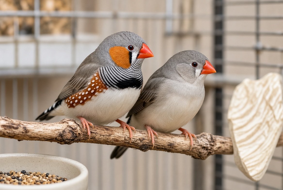 A pair of zebra finches perched together in a wide flight cage, the male's orange cheek patch and barred throat visible