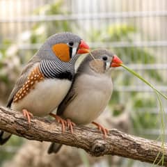 A pair of zebra finches perched close together on a branch in a long flight cage