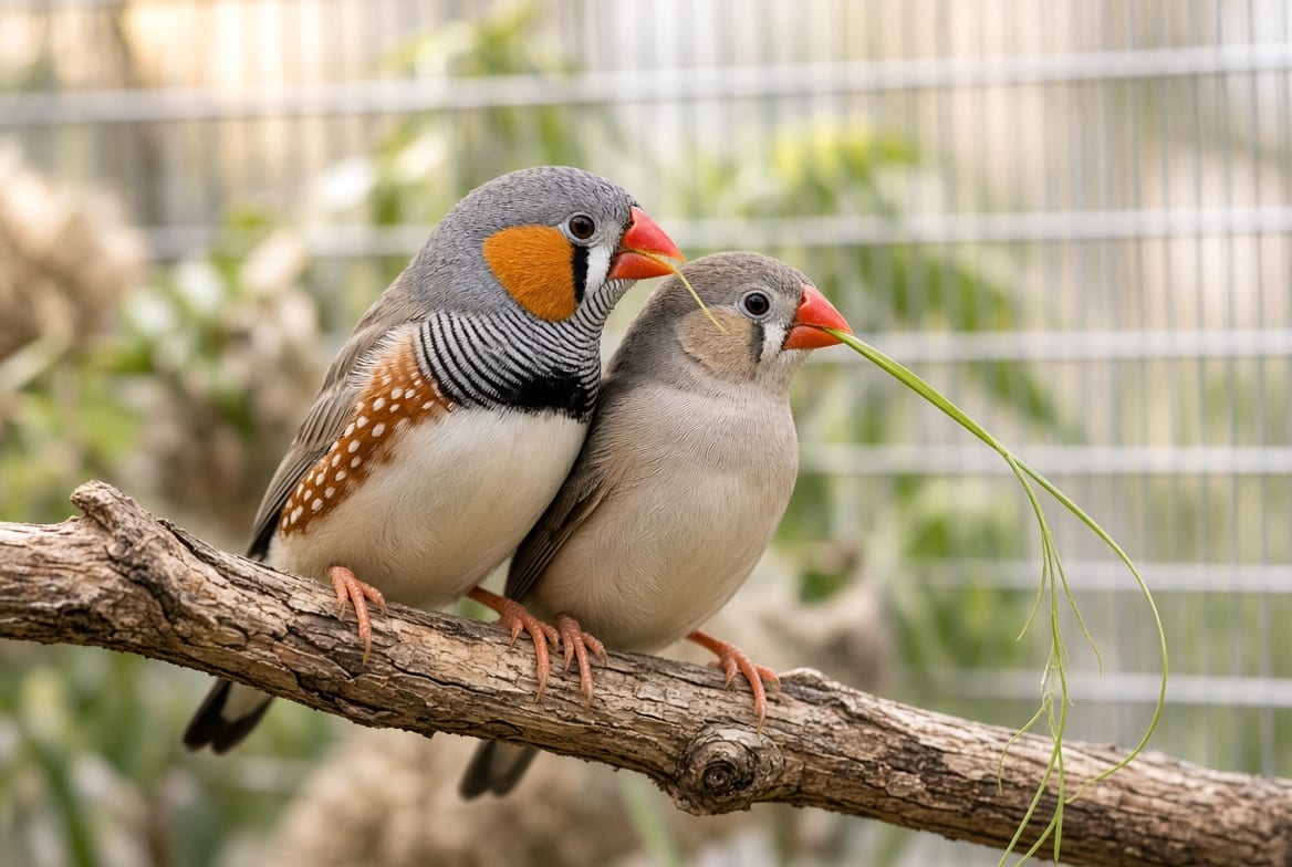 A pair of zebra finches perched close together on a branch in a long flight cage