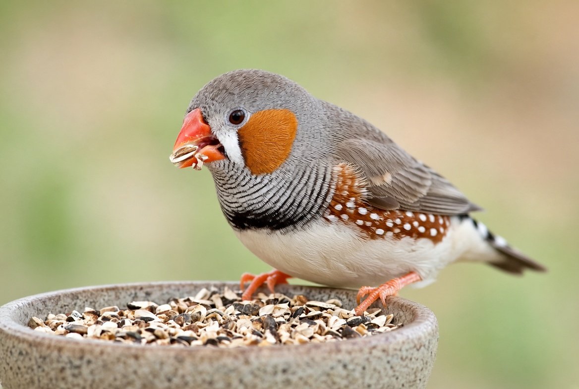 A pair of zebra finches perched together in a wide flight cage, the male's orange cheek patch and barred throat visible