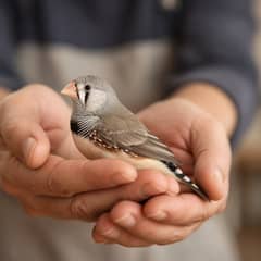 A pair of zebra finches perched together in a wide flight cage, the male's orange cheek patch and barred throat visible