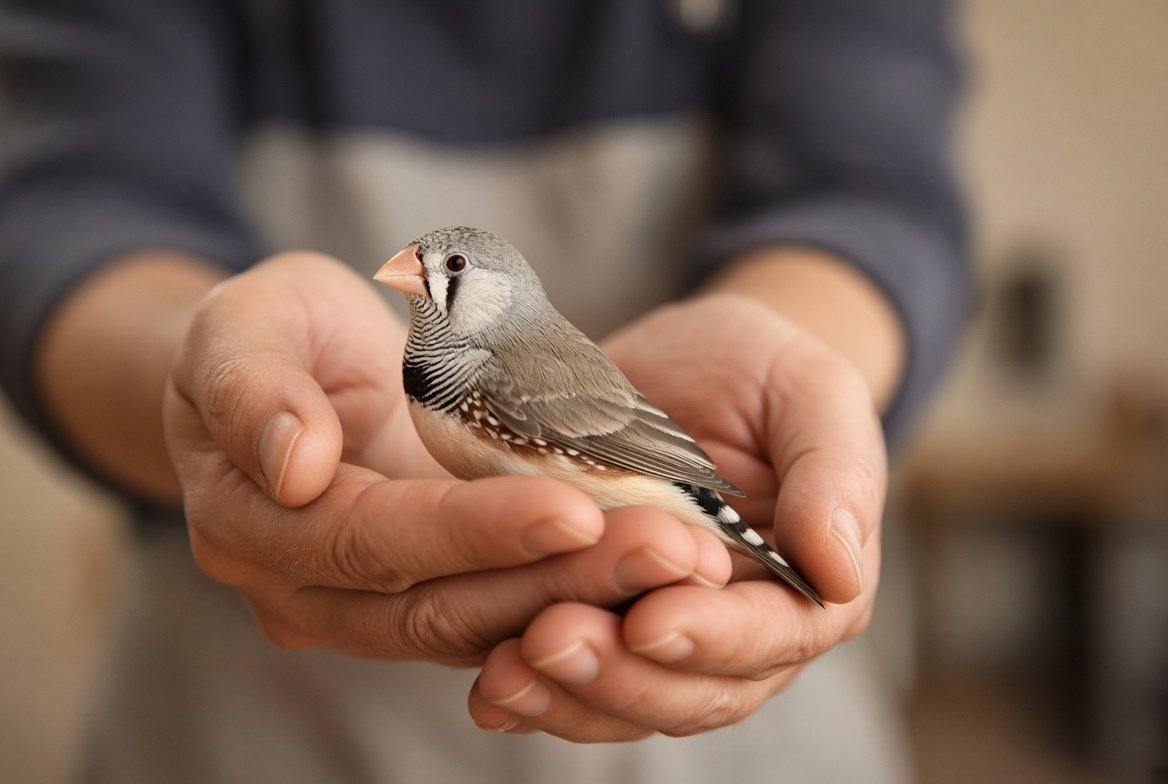 A pair of zebra finches perched together in a wide flight cage, the male's orange cheek patch and barred throat visible