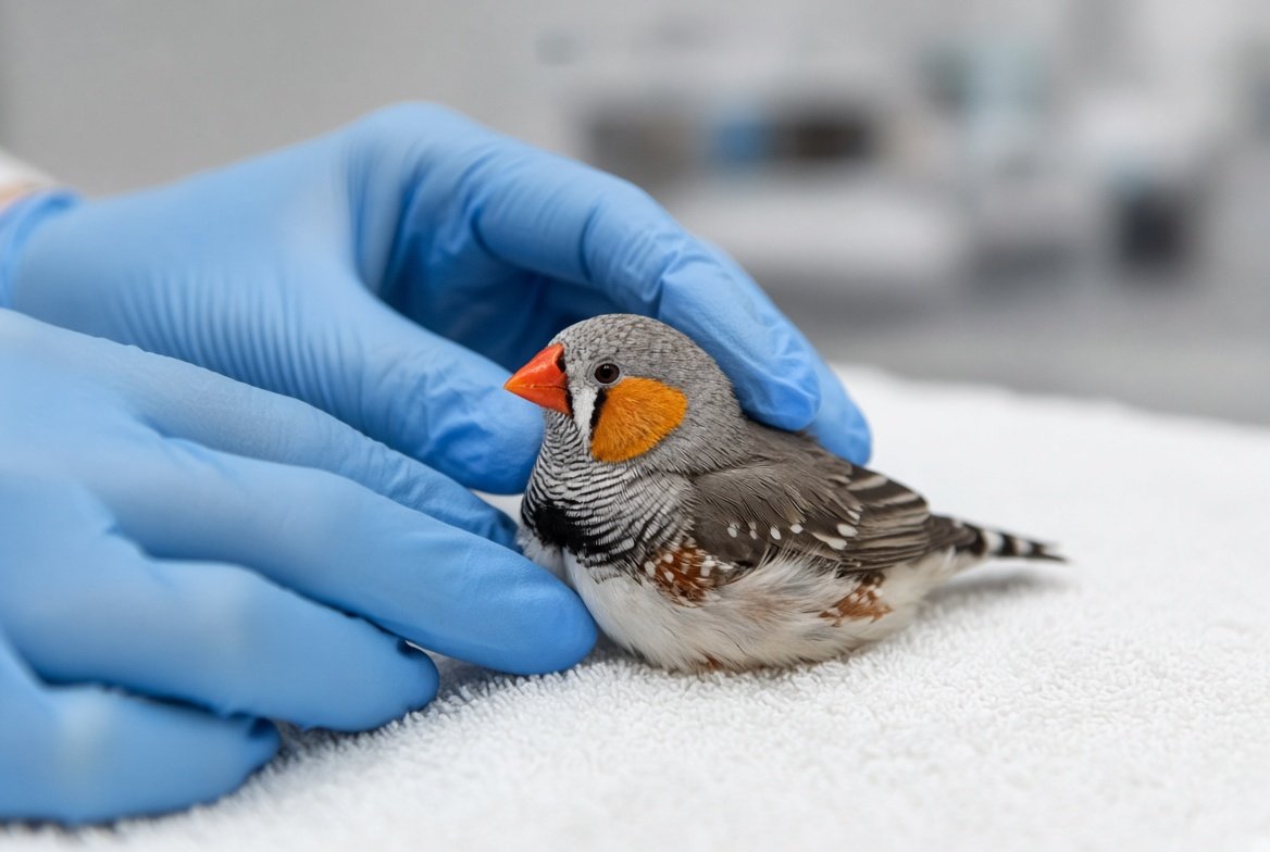 A pair of zebra finches perched together in a wide flight cage, the male's orange cheek patch and barred throat visible