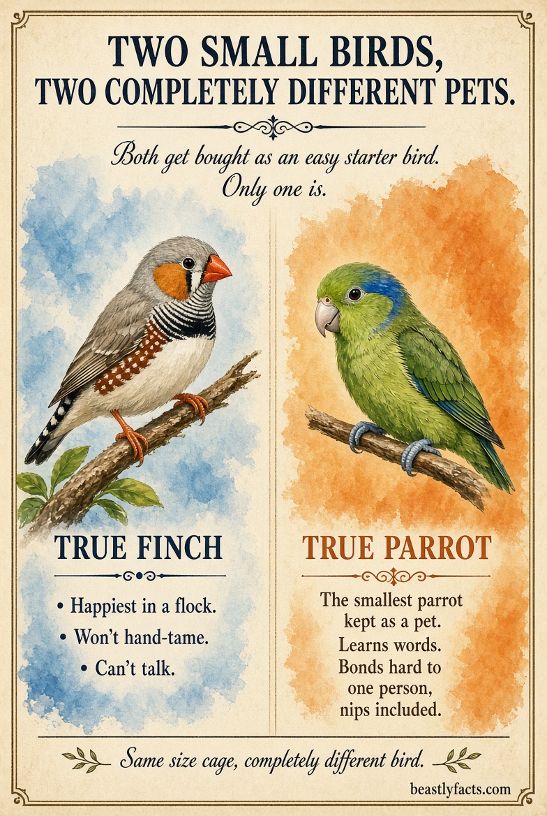 Portrait infographic comparing a zebra finch and a parrotlet, showing size, markings, and temperament differences side by side
